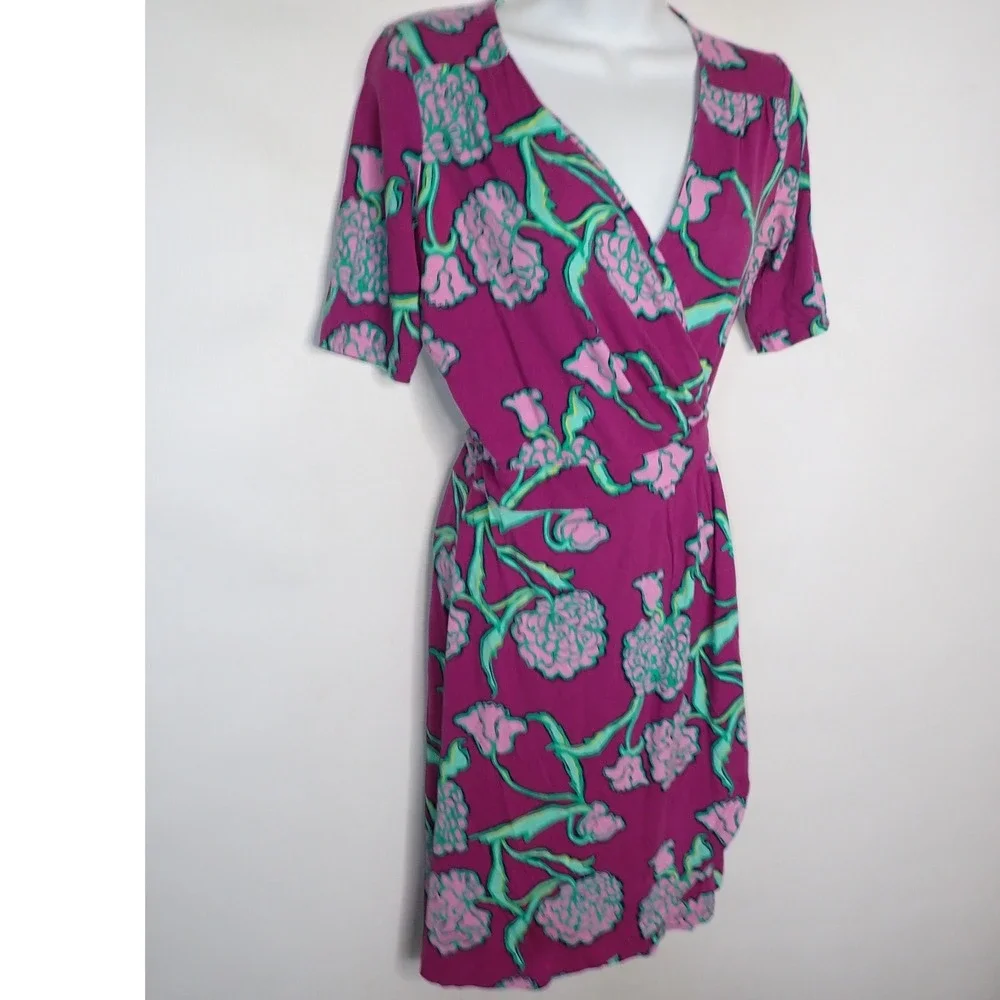 Lilly Pulitzer Womens Floral Faux Wrap Dress Pink Green V-Neck Short Sleeve XS